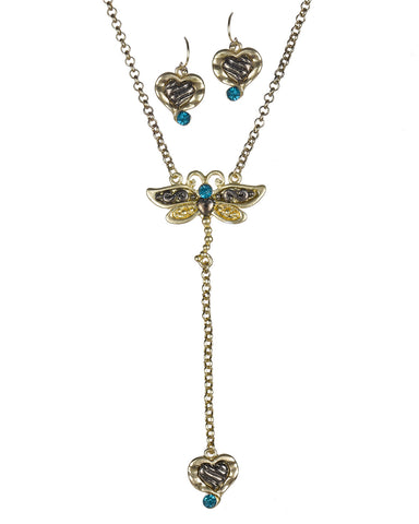 Dragonfly Crystal & Heart Filigree Pendant Necklace Earring Set by Jewelry Nexus