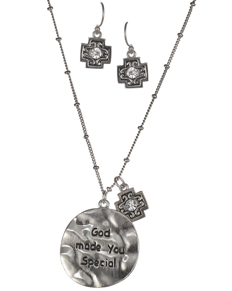 Hammered Circular Medallion God Made You Special Rhinestone Necklace & Earring Set by Jewelry Nexus