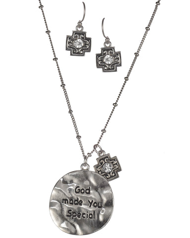 Hammered Circular Medallion God Made You Special Rhinestone Necklace & Earring Set by Jewelry Nexus