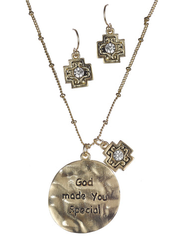 Hammered Circular Medallion God Made You Special Rhinestone Necklace & Earring Set by Jewelry Nexus