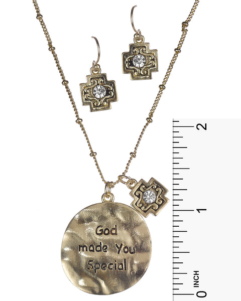 Hammered Circular Medallion God Made You Special Rhinestone Necklace & Earring Set by Jewelry Nexus
