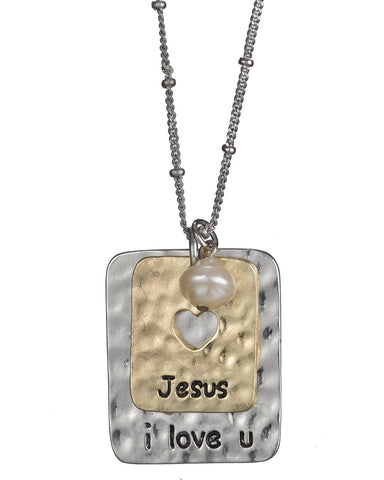 Hammered Rectangular Jesus I love You Theme Pendant & Earring Set by Jewelry Nexus
