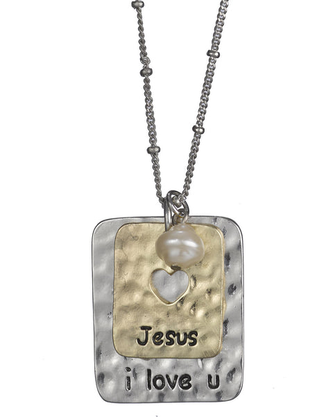 Hammered Rectangular Jesus I love You Pendant & Earring Set by Jewelry Nexus
