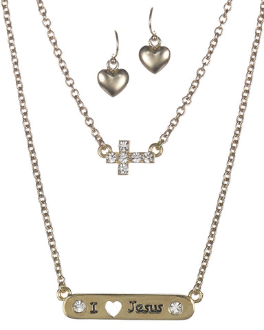 Polished bar I Love Jesus Cross & Crystal Pendant Necklace Set by Jewelry Nexus