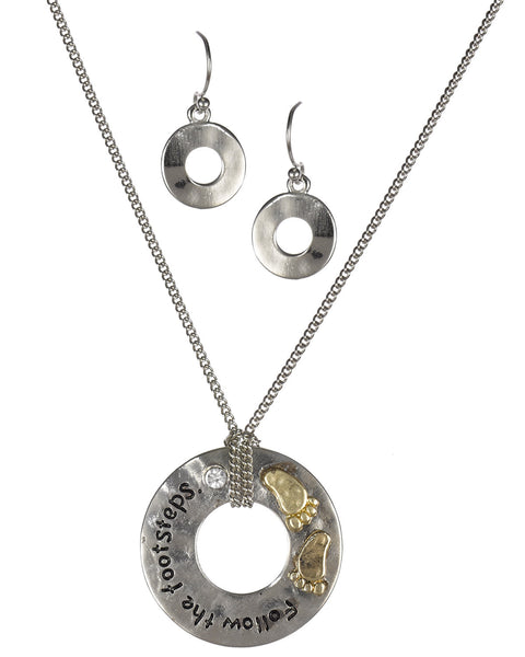 Circular Medalion Pendant Follow Your Footsteps with Crystal Necklace & Earring Set by Jewelry Nexus