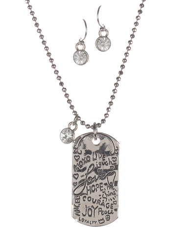 Hammered Live Laugh Love Hope Courage Joy Peace Angel Loyalty Rhinestone Necklace & Earring Set