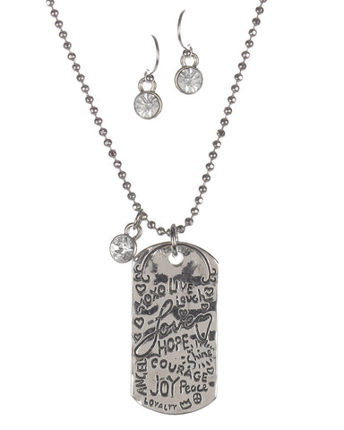 Hammered Live Laugh Love Hope Courage Joy Peace Angel Loyalty Crystal Necklace Set by Jewelry Nexus