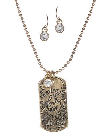 Hammered Live Laugh Love Hope Courage Joy Peace Angel Loyalty Rhinestone Necklace & Earring Set