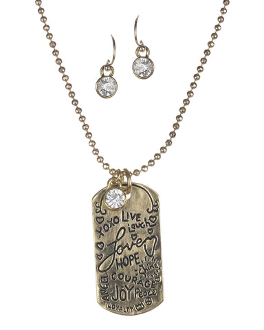 Hammered Live Laugh Love Hope Courage Joy Peace Angel Loyalty Crystal Necklace Set by Jewelry Nexus