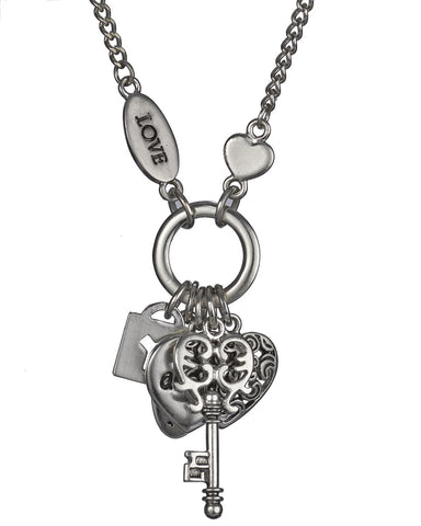 Love Adore Treasure Lock Key Heart Filigree Charm Chain Necklace & Earring Set - Jewelry Nexus