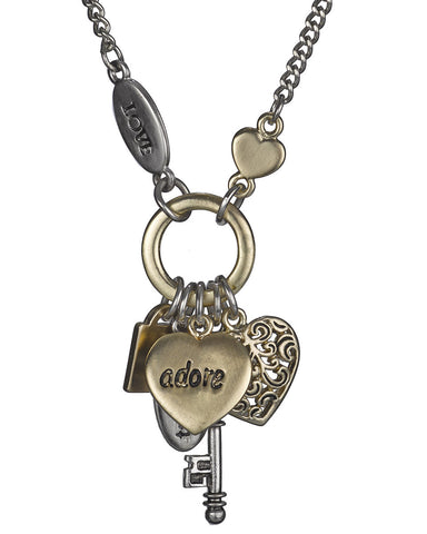 Love Adore Treasure Lock Key Heart Filigree Charm Chain Necklace & Earring Set - Jewelry Nexus