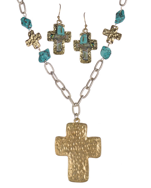 Hammered Cross Imitation Abalone and Blue Bead Necklace & Earring Set - Jewelry Nexus