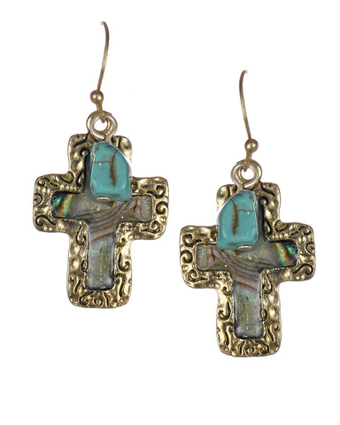 Hammered Cross Imitation Abalone and Blue Bead Necklace & Earring Set - Jewelry Nexus