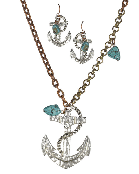 Silvertone Anchor & Swirling Rope & Brass Chain Necklace & Earring Set by Jewelry Nexus