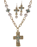 Hammered Cross Imitation Abalone and White Bead Necklace & Earring Set - Jewelry Nexus