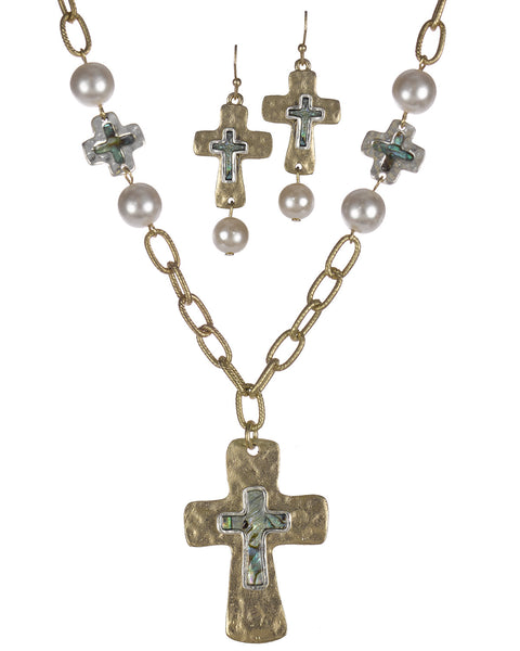 Hammered Cross Abalone Shell and White Bead Necklace & Earring Set Jewelry Nexus
