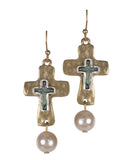 Hammered Cross Imitation Abalone and White Bead Necklace & Earring Set - Jewelry Nexus