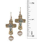 Hammered Cross Imitation Abalone and White Bead Necklace & Earring Set - Jewelry Nexus