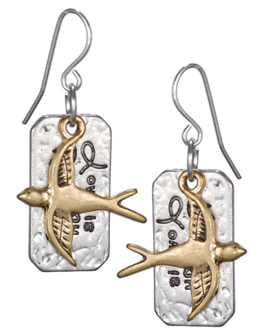 Flying Doves Love is My Religion Hammered Finish Earrings by Jewelry Nexus