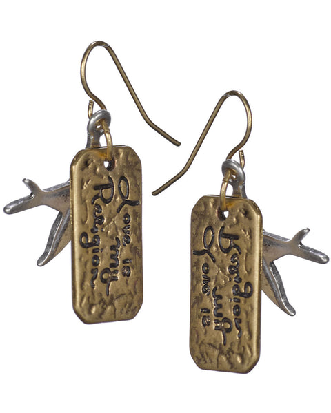 Flying Doves Love is My Religion Hammered Finish Earrings by Jewelry Nexus