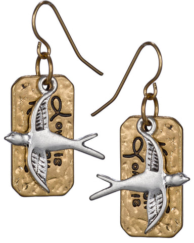 Flying Doves Love is My Religion Hammered Finish Earrings by Jewelry Nexus