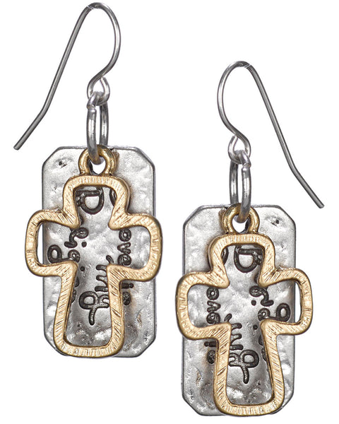 Hammered Hollow Cut Cross Love is My Religion Earrings by Jewelry Nexus