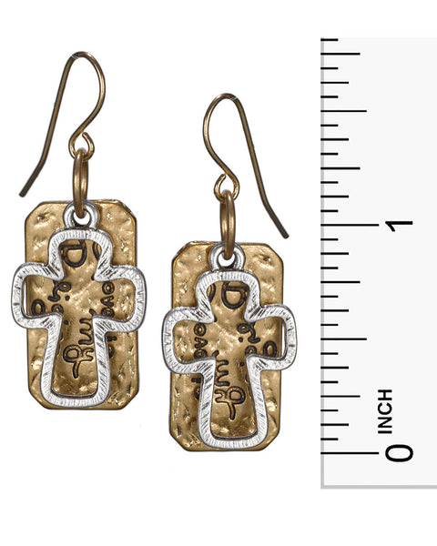 Hammered Hollow Cut Cross Love is My Religion Earrings by Jewelry Nexus