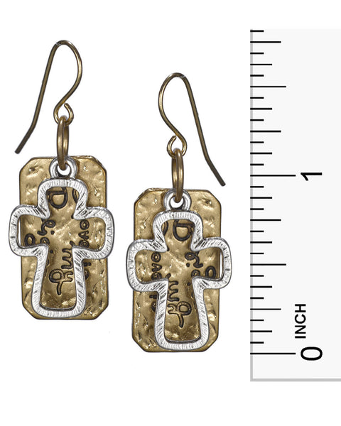 Hammered Hollow Cut Cross Love is My Religion Earrings by Jewelry Nexus