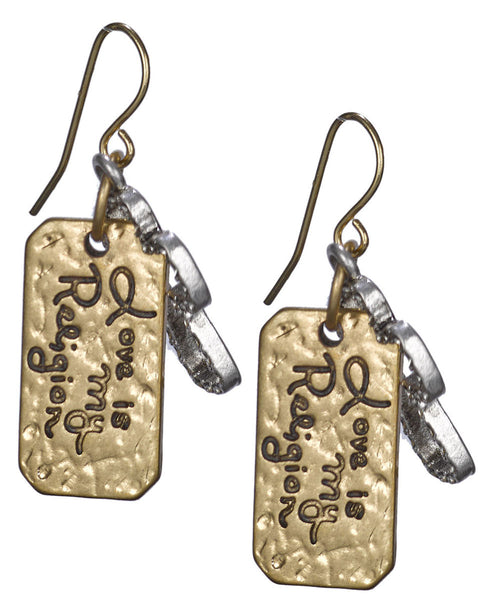 Hammered Hollow Cut Cross Love is My Religion Earrings by Jewelry Nexus