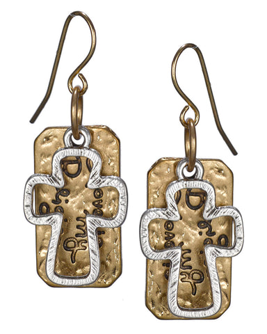 Hammered Hollow Cut Cross Love is My Religion Earrings by Jewelry Nexus