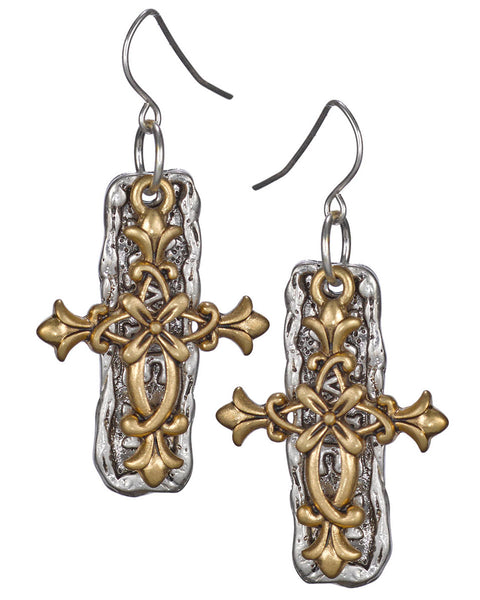 Intricate Filigree Cross & Hammered Amen Plaque Backdrop Earrings by Jewelry Nexus