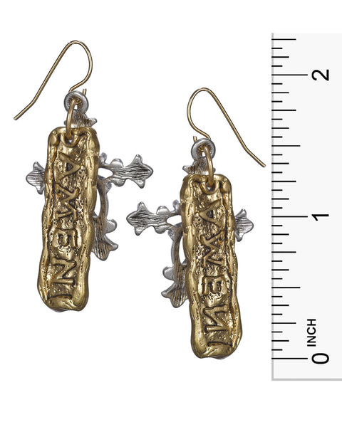 Intricate Filigree Cross & Hammered Amen Plaque Backdrop Earrings by Jewelry Nexus