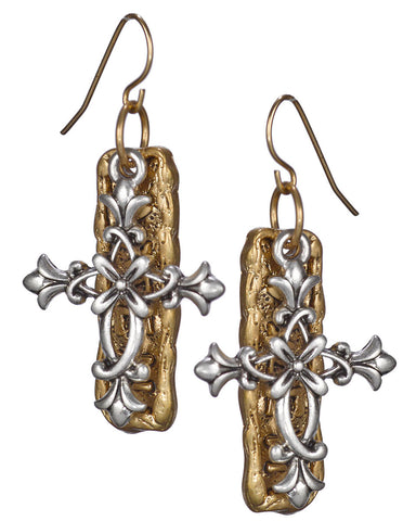 Intricate Filigree Cross & Hammered Amen Plaque Backdrop Earrings by Jewelry Nexus