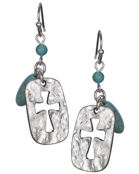 Turqouise Hammered Textured Cut Out Cross Earrings by Jewelry Nexus