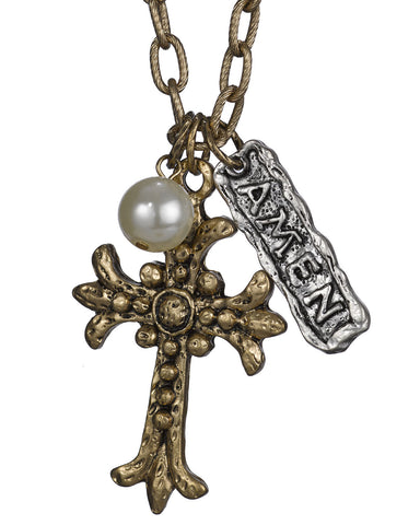 Antique Hammered Cross with Amen Plaque and Imitation Pearl by Jewelry Nexus