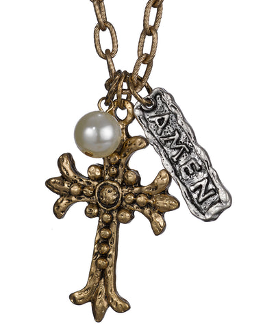 Antique Hammered Cross with Amen Plaque and Imitation Pearl - Jewelry Nexus