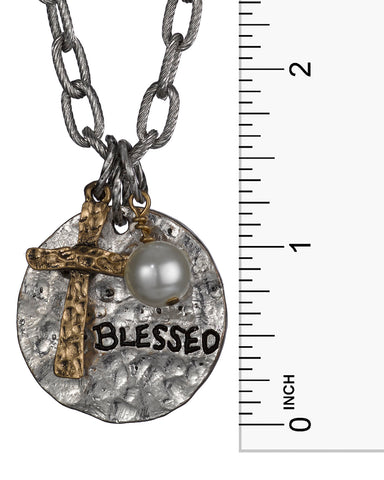 Antique Hammered Circular Be Blessed Pendant with Dainty Cross - Jewelry Nexus