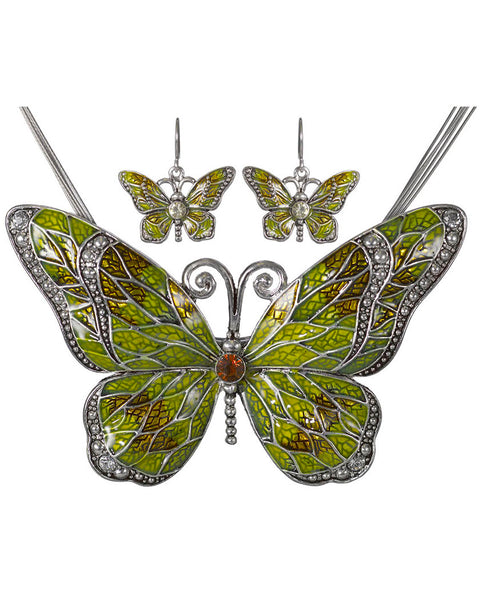 Butterfly Pendant Necklace with Enamel Inlay and Matching Earrings Set by Jewelry Nexus