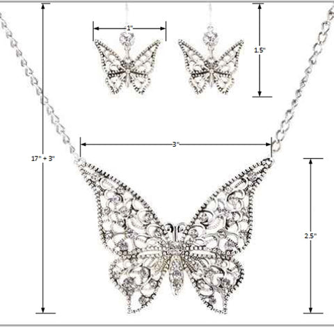 Butterfly Pendant Necklace Crystal & Filigree Matching Earrings by Jewelry Nexus