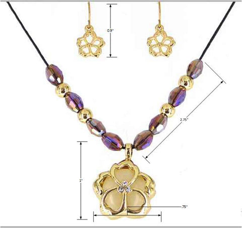 Designer Gold-tone Flower Rhinestone Pendant Necklace with Matching Earrings by Jewelry Nexus