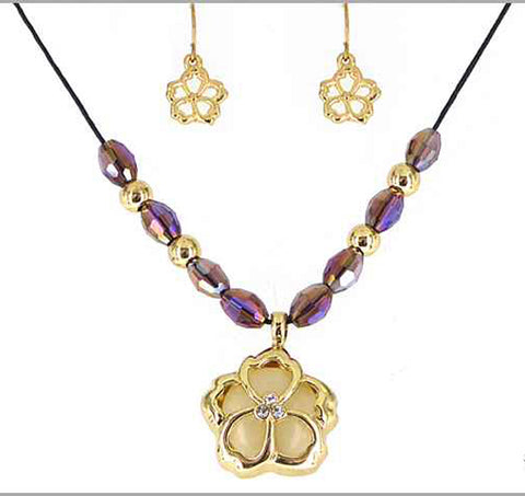 Designer Gold-tone Flower Rhinestone Pendant Necklace with Matching Earrings by Jewelry Nexus