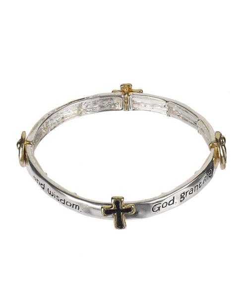 Serenity Prayer Cross & Angel Charm Two-tone Stretch Bracelet  " God Grant me the .…"- Jewelry Nexus