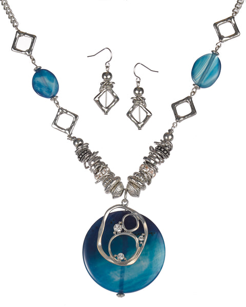 Filigree Textured Stone Crystal Charm Necklace Set & Earrings by Jewelry Nexus