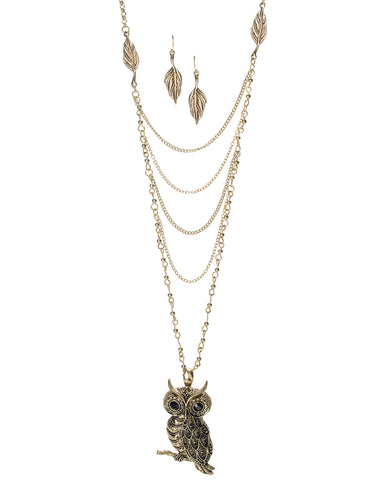 Owl on A Branch Antique Finish 21" Pendant Necklace Set with Leaf Earrings by Jewelry Nexus