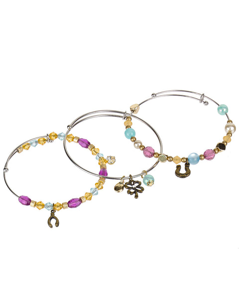 Blue Green Yellow Pink Horse Shoe Wishbone Cover Lucky Charm Stackable Adjustable Bangle Bracelet