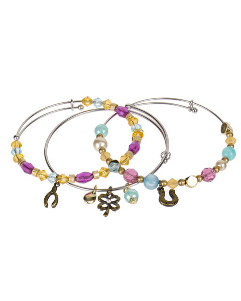 Blue Green Yellow Pink Horse Shoe Wishbone Cover Lucky Charm Stackable Adjustable Bangle Bracelet