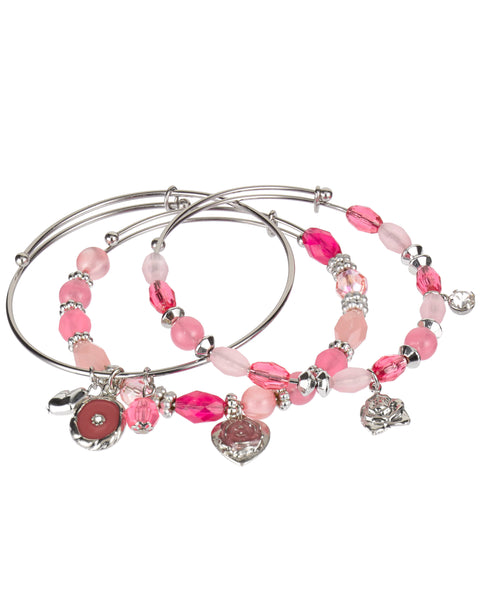 Pink Crystal Rose Bead Stackable Adjustable Bangle Bracelet by Jewelry Nexus