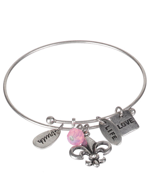 Fleur De Li Love Life Positive Antique Adjustable Bangle Bracelet Made with Love by Jewelry Nexus