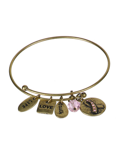 Pink Ribbon Love Life Hope Charm Antique Finish Brushed Adjustable Bracelet by Jewelry Nexus