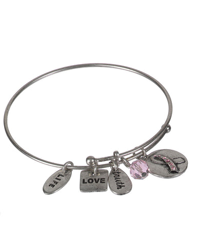 Pink Ribbon Love Life Hope Charm Antique Finish Brushed Adjustable Bracelet by Jewelry Nexus